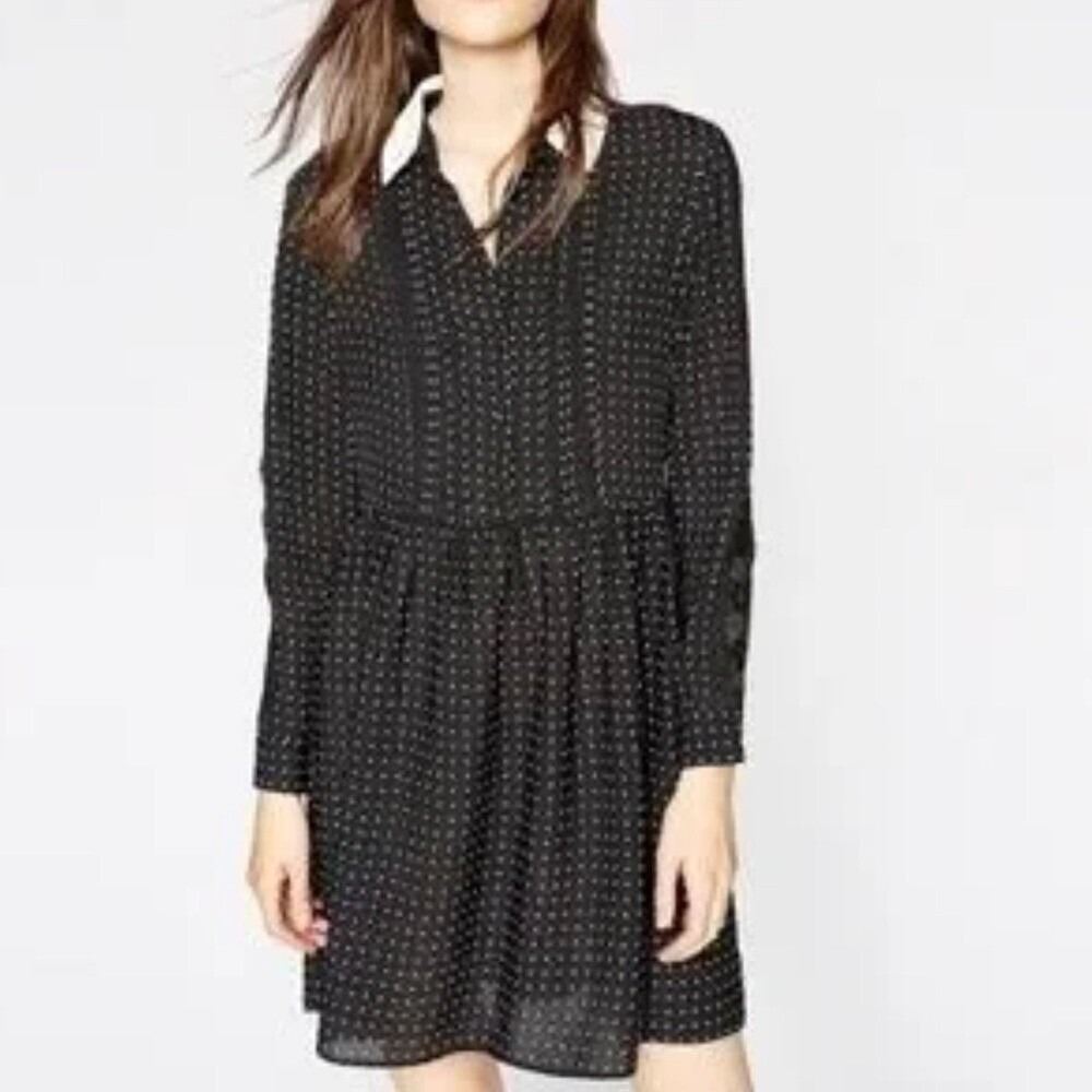 The Kooples Medium Black and White Polka Dot Pleated Collared Dress Lace Teacher - Picture 4 of 13